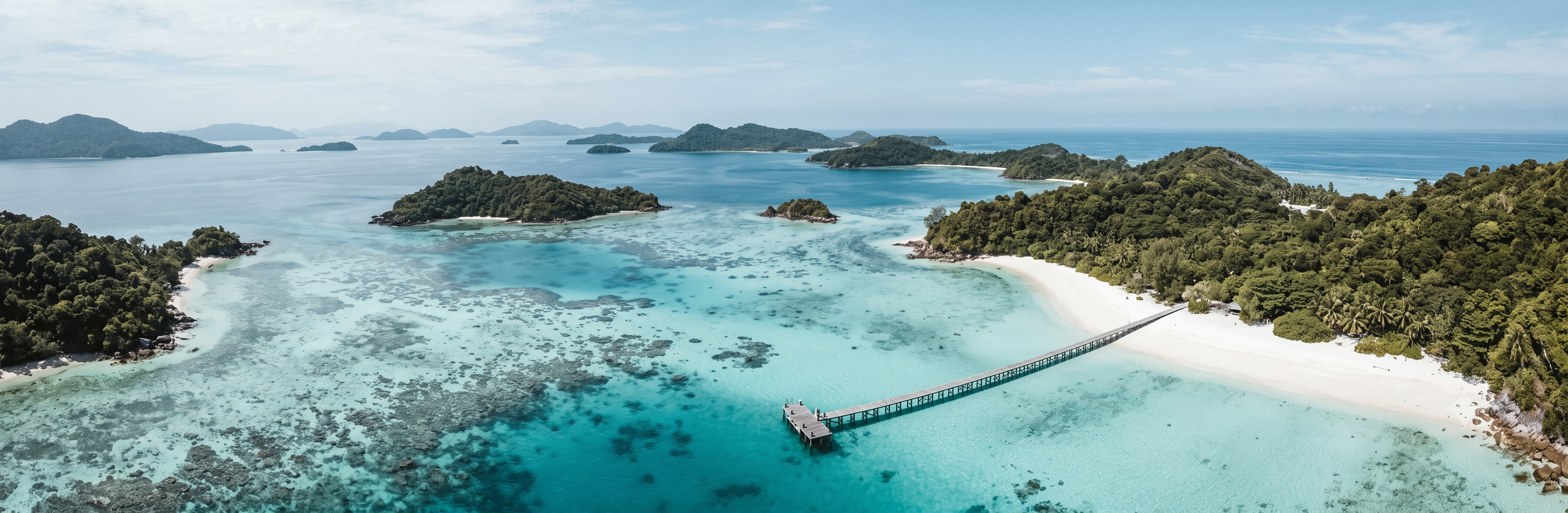 Aerial view of an archipelago with a timber jetty over shallow reef water